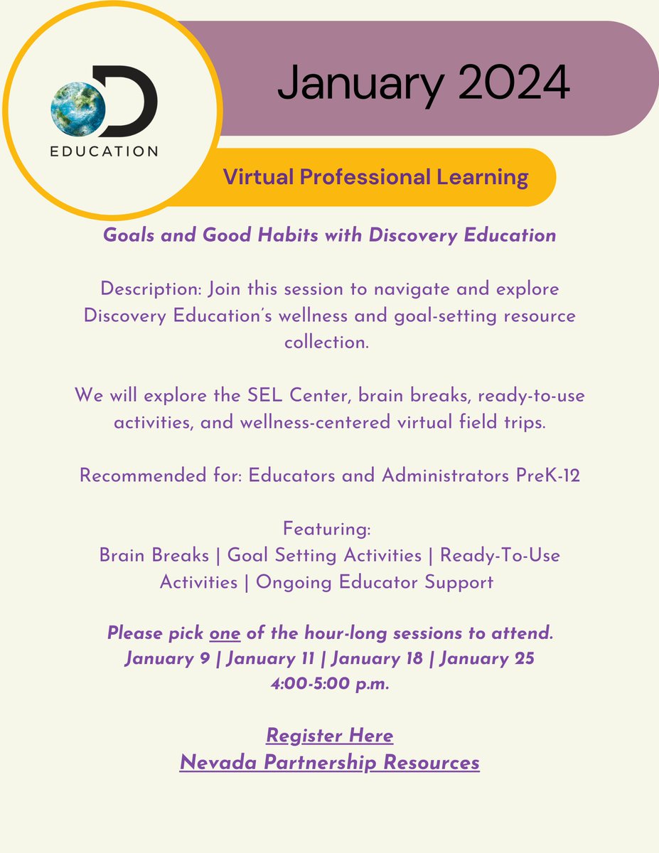 👋Hello, @NvstateED! This week kicks off the 2024 virtual professional learning series. 

There are great sessions planned for you! January is all about #goals and #goodhabits.

Register here👉bit.ly/DEJanPL.

@NVLearningAcad @DigitalNevada @_NVSIDE @NVSupt @NASANevada