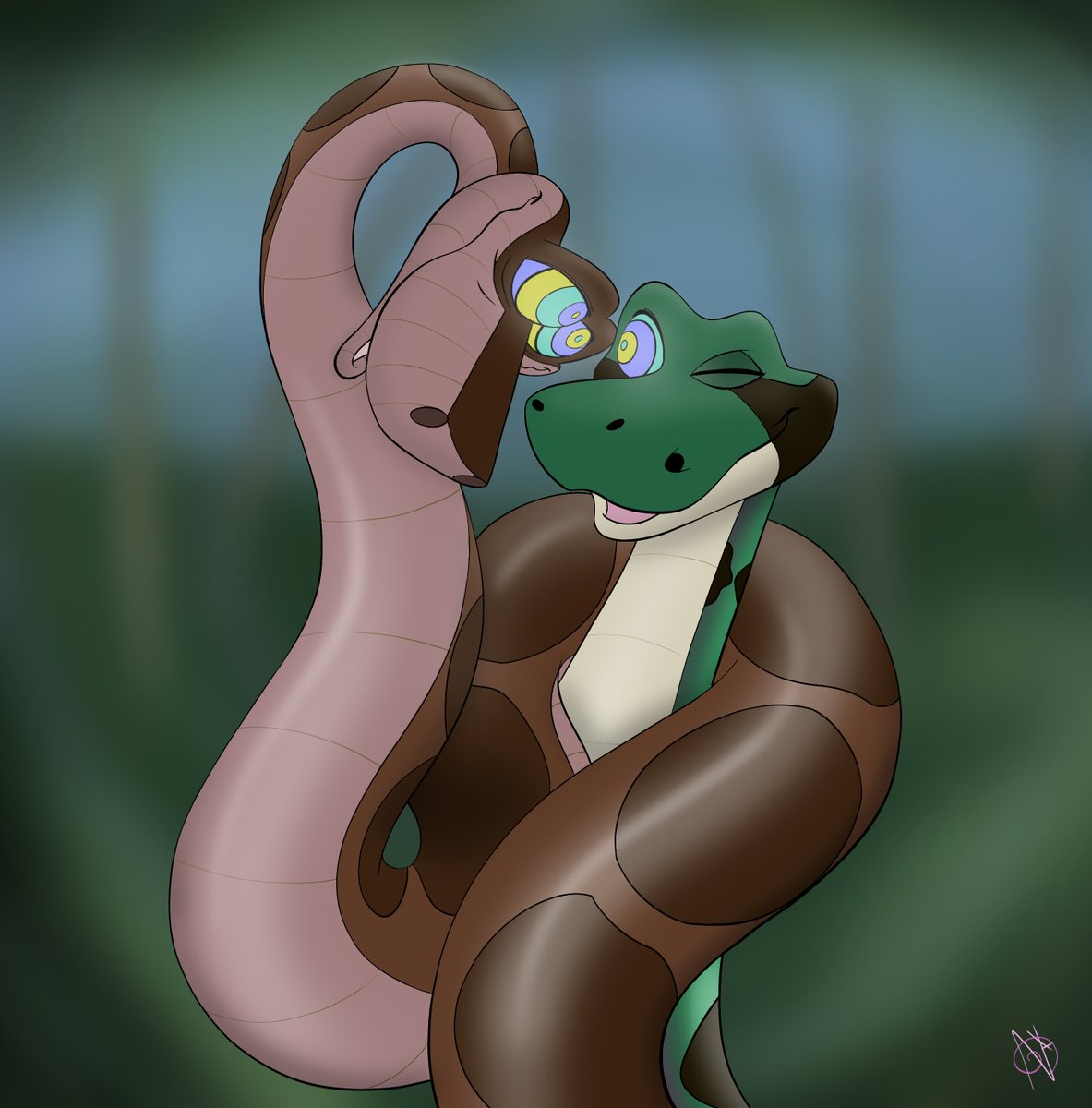 A goofy little piece I did for fun recently of Sierra getting a taste of his own medicine from Kaa. I mean hypnotic snakes should have some fun too, right? hehe Why not indulge now and then?