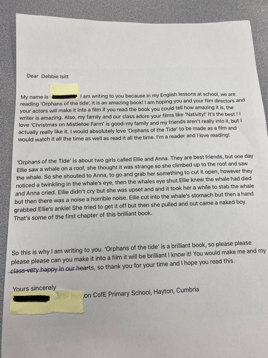 Hi <a href="/DeborahIsitt/">Debbie Isitt</a> We have been reading Orphans of the Tide- Struan Murray. We are in LOVE and think it would be an epic film. The children have written some letters to try to persuade you to work your magic to turn this sensational book into a film. Would love to get them to you!