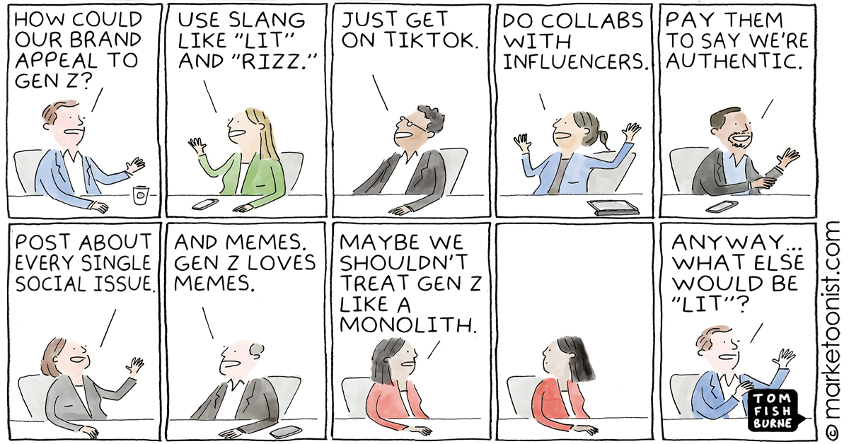 “Gen Z is not a Monolith” - new cartoon and post marketoonist.com/2024/01/gen-z-… #marketing #cartoon #marketoon