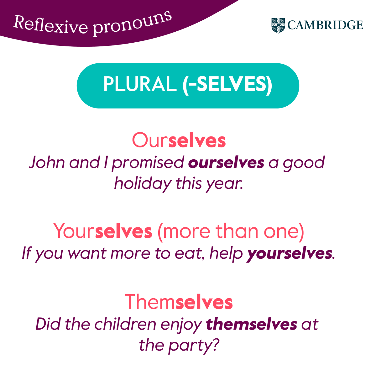 ¿Sabes cuándo se utilizan los “reflexive pronouns”? 🤔 Cuando el sujeto y el objeto son la misma persona, entran en juego estos compañeros gramaticales.

Vamos a practicar, ¿te atreves a hacer una frase utilizando un “reflexive pronoun”? 👇

#Cambridge #grammar #englishgrammar