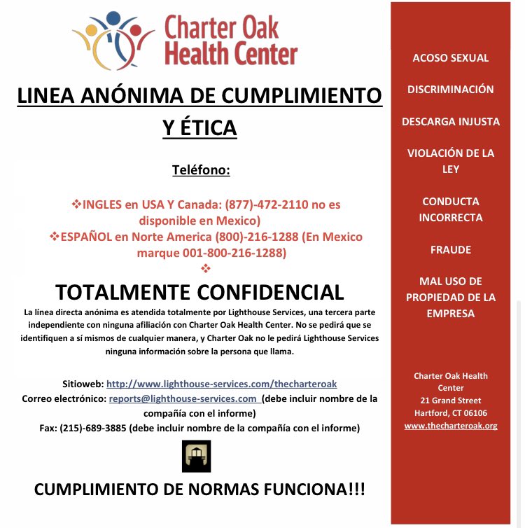 Charter Oak Health Center is always working on growing and improving the quality of patient service we provide.

To submit your concerns and/or suggestions, please contact our Anonymous Compliance and Ethics Hotline. 

We are here for you! 

#wecare #complianceworks #cohc