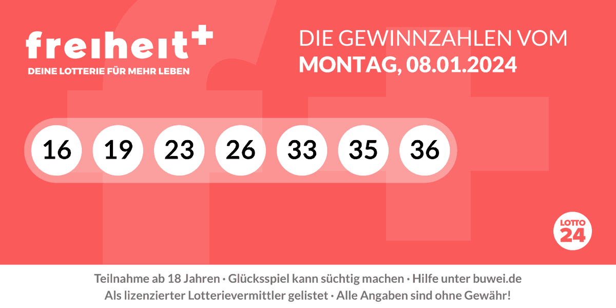 Hast du diese Woche an der #freiheitplus Ziehung teilgenommen? Dann aufgepasst! Hier sind die Gewinnzahlen der Ziehung vom 08.01.2024: 16 - 19 - 23 - 26 - 33 - 35 - 36 bit.ly/freiheitplus_l…