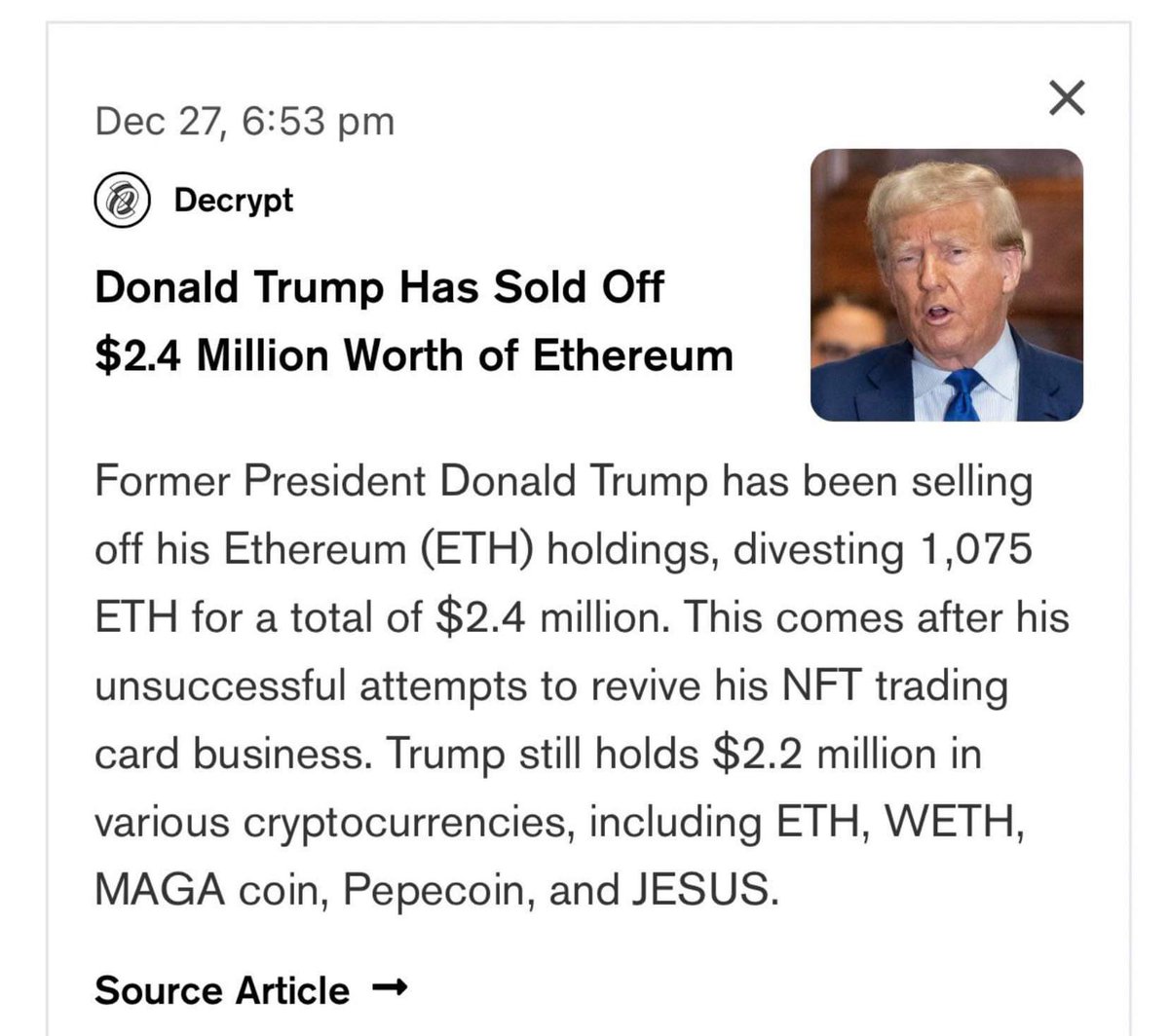 luminarymedias's tweet photo. @realDonaldTrump holds $Jesus 
Are you still fading $Jesus? https://t.co/jFdSa6t6xU