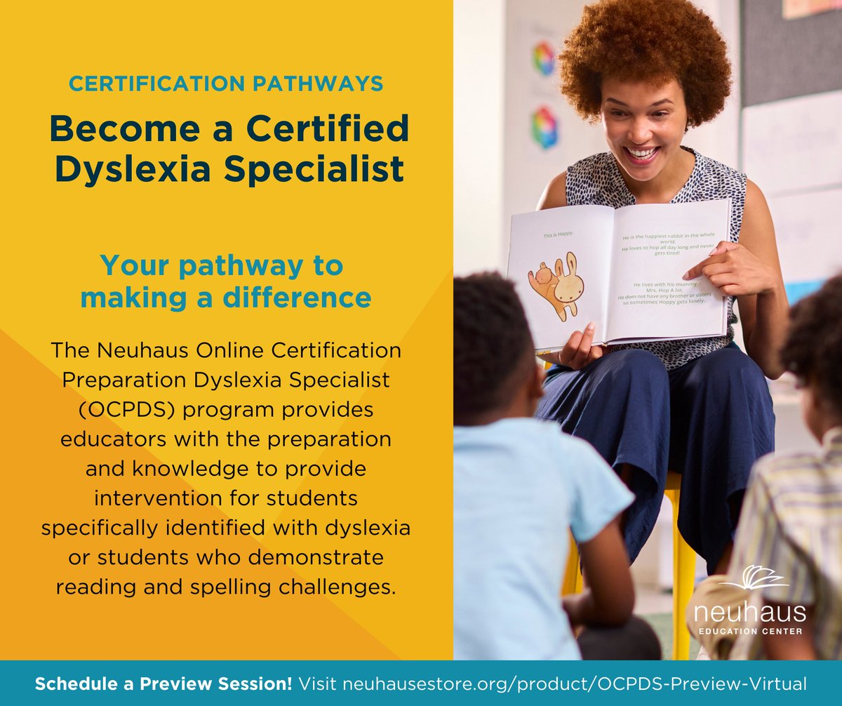 NeuhausEdCtr's tweet photo. Are you a degreed professional interested in transitioning into critical areas of need in education?
You CAN make a difference in the lives of students struggling with reading!
Attend a Preview Session. https://t.co/sMuJfr3eco
#Neuhaus #certificationpathway #LiteracyForAll https://t.co/pZYqLRHOK8