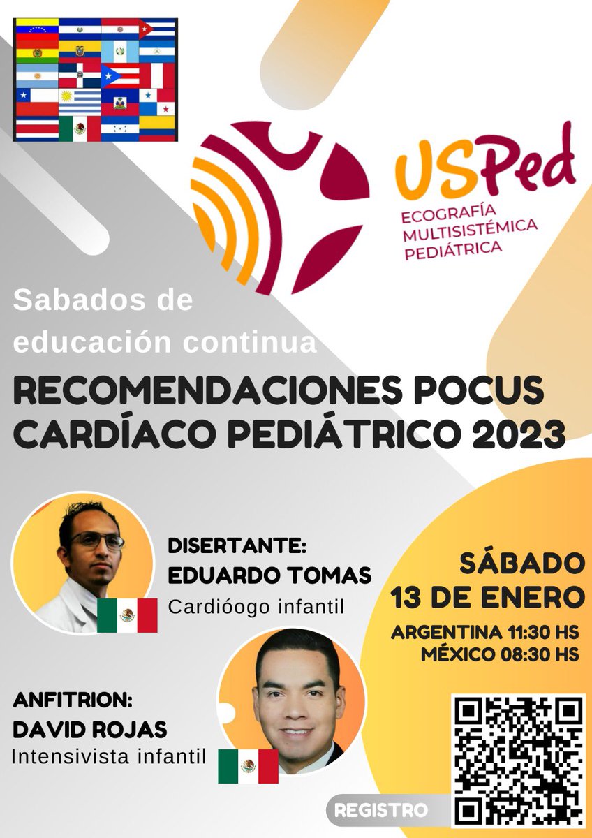 USPed_Latam's tweet photo. Sábados de #POCUS Presenta:

"Recomendaciones POCUS #Cardíaco Pediátrico”
Iniciarás el año 2024 con lo ➕ actualizado que nos dejó 2023. 🔊🫀👦

Disertante:  @LaLoTomas3 #CardioPed🇲🇽
Anfitrión: @MedCritPed #EduMed🇲🇽

Este 13 de Enero con USPed, la Comunidad de POCUS Pediátrico. https://t.co/GFwrXgyhvb