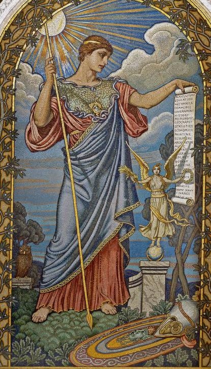 ClassicalMyths's tweet photo. "Minerva" mosaic by Elihu Vedder (1836-1923) in the Library of Congress. The goddess holds a scroll that lists fields of learning including Music, Botany, &amp; History. #MosaicMonday
📷Carol Highsmith via LOC. https://t.co/TScGqRzCwN