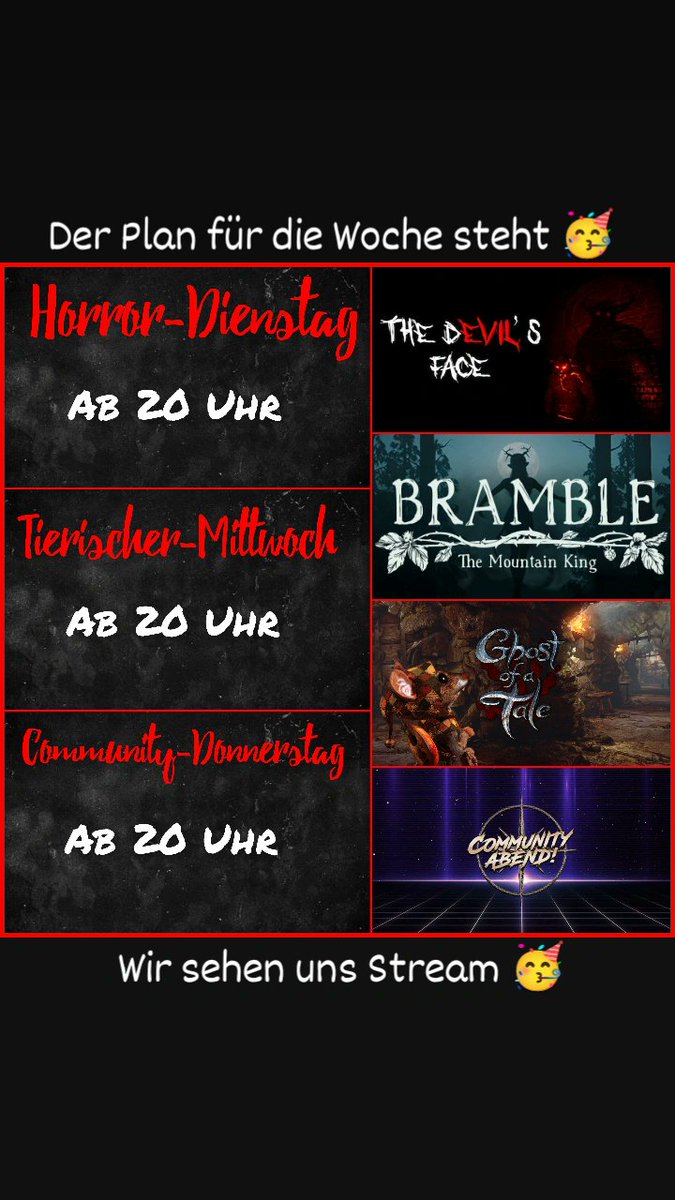DerPfeffie's tweet photo. Der Plan steht, wir sehn uns 🥳
#thedevilsface #bramblethemountainking #ghostofatale #der_pfeffie #Streams #streamplan #twitch #twitchlive #twitchtv #twitchtvgaming #TwitchDE #twitchdeutschland #twitchkleinestreamer #twitchgermany #twichgamer #twitchstreamer #twitchaffiliate https://t.co/WvObh142lw