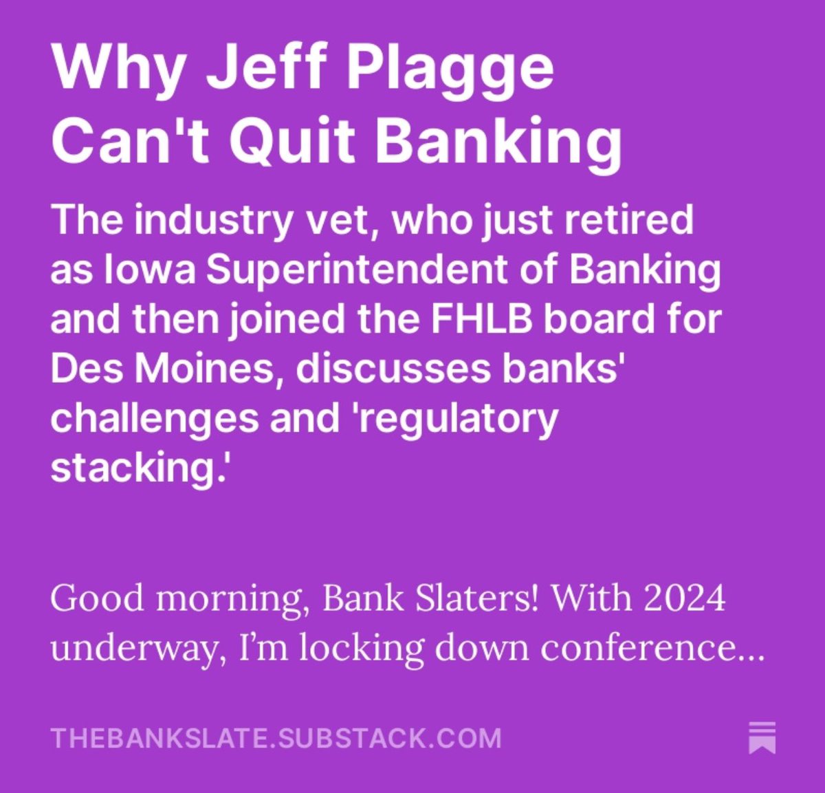 Our latest newsletter features a Q&amp;A with Jeff Plagge, banking veteran and recently retired Iowa Superintendent of Banking. 

We discussed his career, #banking lessons, credit union-bank mergers and much more!

thebankslate.substack.com/p/why-jeff-pla…