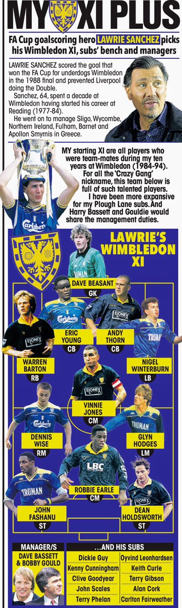 Alt liglerden Premier League’e, 10 sene formamızı giyen Lawrie Sanchez’in bu dönemdeki favori 11’i. The Sun’da yayınlanan yedekleri de içeren tam liste🟡🔵 #afcw #afcwimbledon