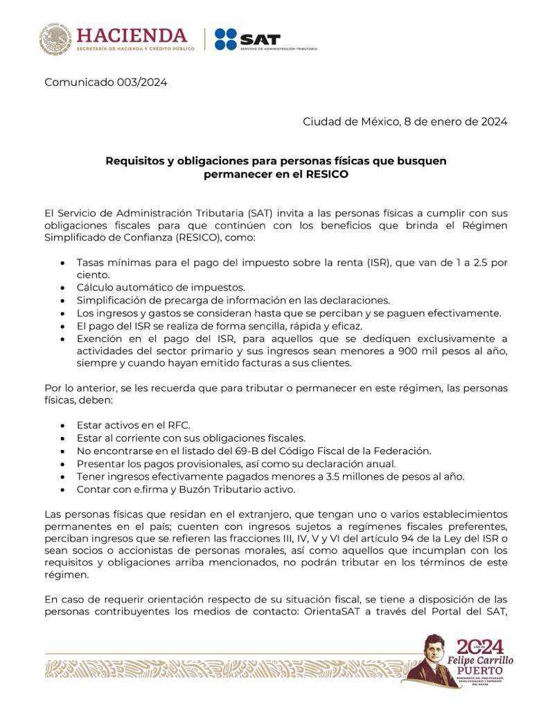 SATMX's tweet photo. #ComunicadoSAT 

El SAT recuerda a las personas físicas que tributan en el Régimen Simplificado de Confianza, los requisitos y obligaciones que deben cumplir para continuar con los beneficios que ofrece dicho régimen. 

En caso de requerir orientación, pueden llamar a MarcaSAT al 55 627 22 728 o a los medios de contacto disponibles en https://t.co/KZPw9fXYuH