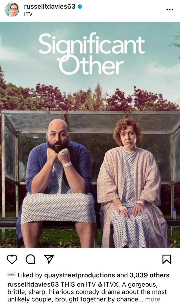 CBTheatreFilmTV's tweet photo. High praise from @russelldavies63 for #SignificantOther, written and executive produced by @DanaFainaru 👏👏

Now streaming on ITVX, and broadcasting on ITV - eps 3 &amp; 4 next Sunday at 10:20pm 📺 https://t.co/TyI57rm238