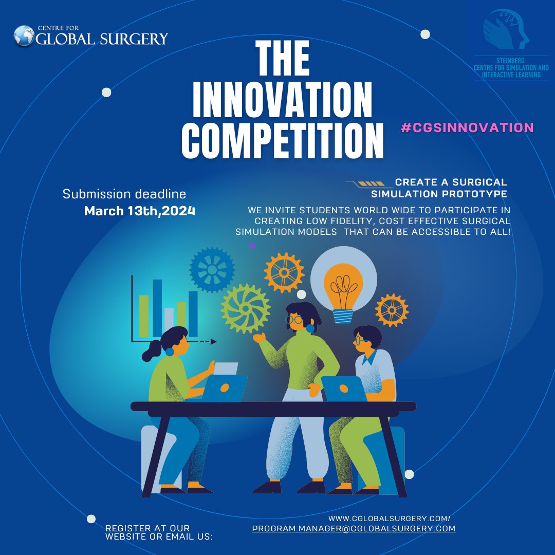 cglobalsurgery (@cglobalsurgery) on Twitter photo The CGS & <a href="/mcgillsim/">McGill Simulation</a> are launching an Innovation Competition!
Create low-cost, high impact surgical training prototype for global use & get a chance to join an in-person training in 2024!
Deadline: March 13
Learn more: rb.gy/mfmqto
#CGSInnovation2024 #SurgicalTraining The CGS & <a href="/mcgillsim/">McGill Simulation</a> are launching an Innovation Competition!
Create low-cost, high impact surgical training prototype for global use & get a chance to join an in-person training in 2024!
Deadline: March 13
Learn more: rb.gy/mfmqto
#CGSInnovation2024 #SurgicalTraining