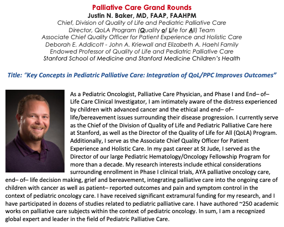StanfordQoLA's tweet photo. Join us tomorrow from 8:30-9:30am as Dr. Justin Baker, our Division Chief, leads Palliative Care Grand Rounds on the topic “Key Concepts in Pediatric Palliative Care: Integration of QoL/PPC Improves Outcomes.”
#QoLa🐨 #PalliativeCare🫶 #StanfordMedicine🏥

https://t.co/8p0bcFSa1K https://t.co/I6DhPK1P3Y
