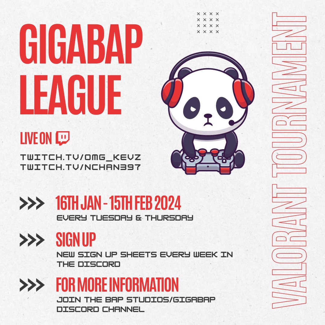 TheBAPStudios's tweet photo. The Gigabap League is BACK! 🏆 @OMG_Kevz and @nchan397 is hosting another League system for Valorant!

4 Weeks Long ✅
New Sign Up Forms Every week! ✅
Meet New Friends! ✅
Top 5 Players win a Steam Voucher! ✅

Sign Up Form 👇
https://t.co/fzBZFdSwKq https://t.co/imQSyHPJrj