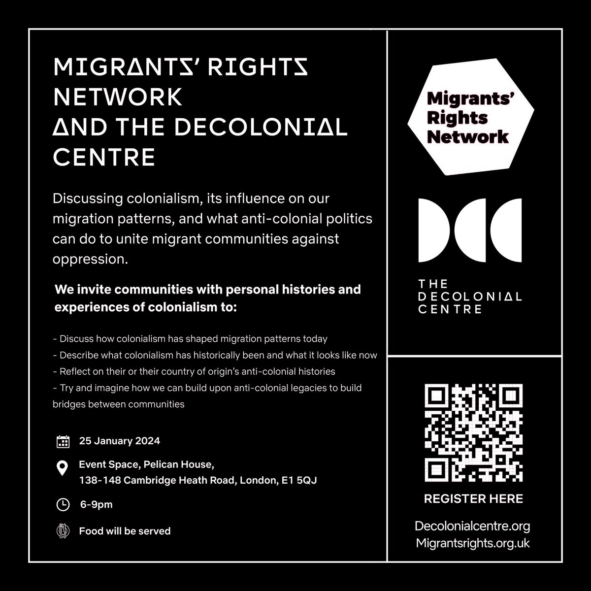 Join MRN + @decolonialcntr to discuss colonialism, its influence on our migration patterns, + what anti-colonial politics can do to unite migrant communities against oppression.   This is a free in-person event with limited capacity. Register here: buff.ly/3HdZ0Dz