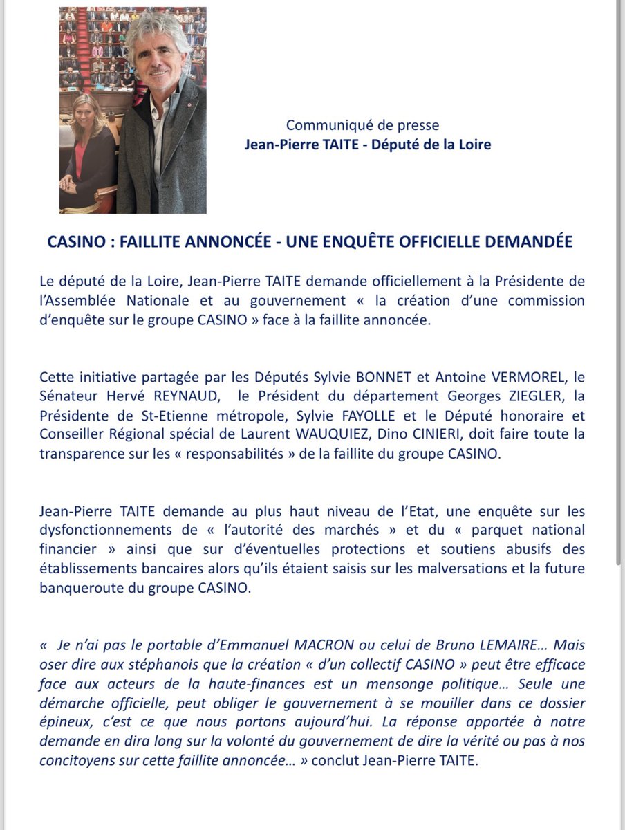 Olivier Dauvers (@dauvers70) on Twitter photo #LEFILCONSO 3 députés demandent une commission d’enquête parlementaire sur <a href="/Groupe_Casino/">Groupe Casino</a>. Quelle que soit la forme du « grand déballage », il aura lieu. #LEFILCONSO 3 députés demandent une commission d’enquête parlementaire sur <a href="/Groupe_Casino/">Groupe Casino</a>. Quelle que soit la forme du « grand déballage », il aura lieu.