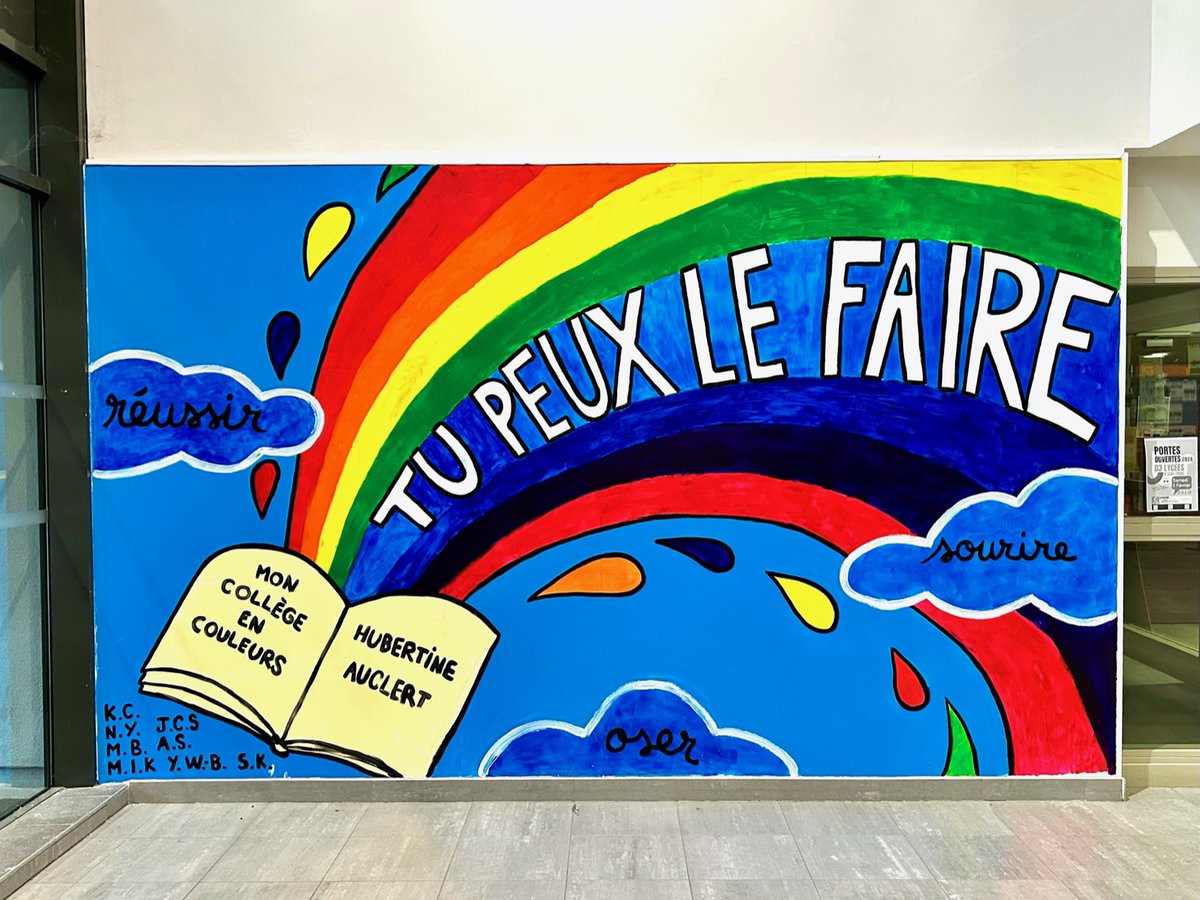 SarahJKlimek's tweet photo. 🎨 Notre fresque colorée, imaginée par l'atelier relais et réalisée avec l’aide d’élèves volontaires, rayonne de créativité et d'optimisme. ✨ Mon collège en couleurs: https://t.co/21qrtXgRXv #artsplastiques #fresque @Clg_HAuclert https://t.co/k8dCgPUiPC
