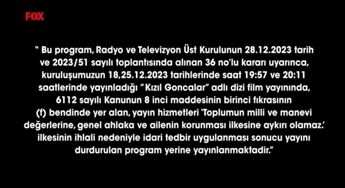 dokuz8haber's tweet photo. 📌 FOX TV’de RTÜK tarafından yayın durdurma cezası verilen #KızılGoncalar dizisinin yerine belgesel yayınlanıyor.

Sosyal medya kullanıcıları "Cemaatler ve tarikatlar benim milli ve manevi değerim olamaz", "Bu ülkede tarikatların istemediği hiçbir şeye izin verilmiyor. Tehlikenin farkında mısınız?" sözleriyle tepki gösterdi.