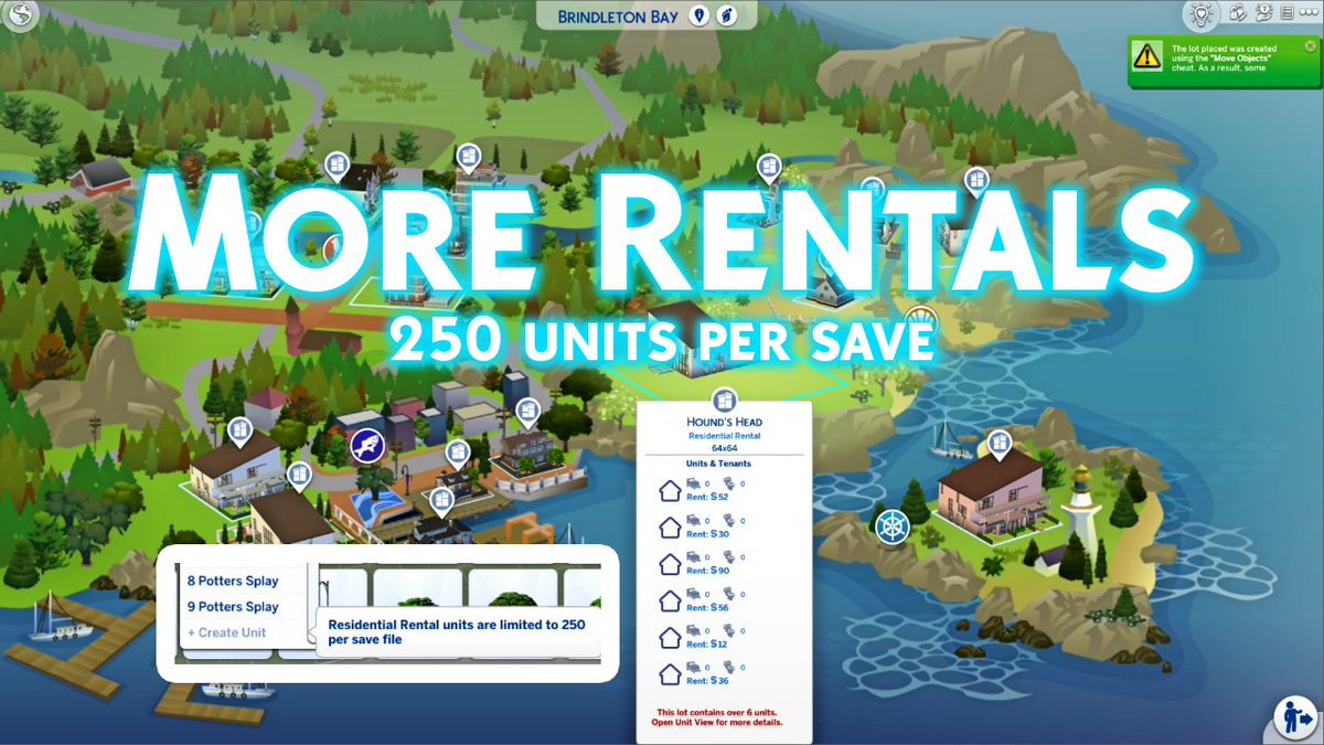TwistedMexi's tweet photo. More Rentals v1.0 Official Release
🔸Increase per-save rental unit cap to 250.

Due to EA bugs unrelated to the mod, I heavily recommend sticking to 6 or less units on any single lot.

Grab it at https://t.co/QdaoiYWNcO

#ts4 #sims4 #TheSims4 #ts4cc #ts4mods https://t.co/1umVNkwtnX