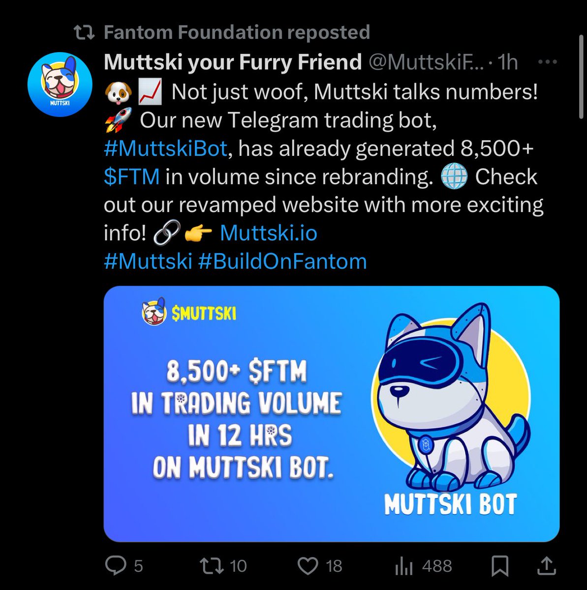 MuttskiTheDog's tweet photo. Finally, #MUTTSKI getting some acknowledgment from @FantomFDN . The love is mutual $FTM #BuildOnFantom #MuttskiBot https://t.co/2g6yxhl7wf