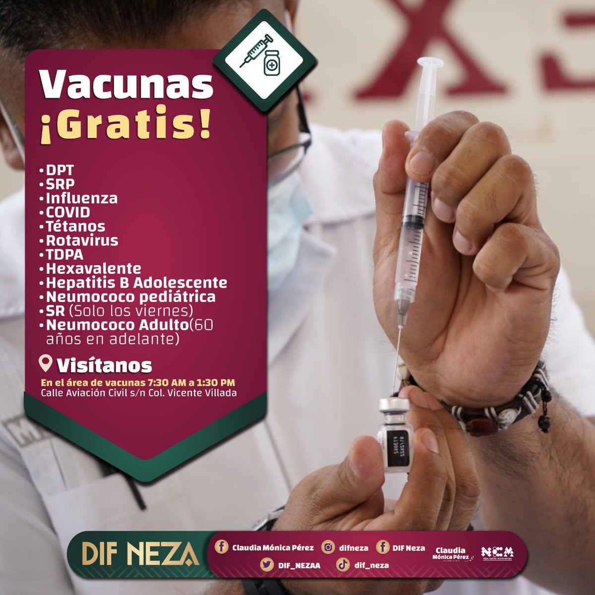 GobNeza's tweet photo. El @DIF_NEZAA, te invita a vacunarte del 8 al 12 de enero, en un horario de 7:30 A.M. a 1:30 P.M. 

Acude al DIF Municipal, ubicado en calle Aviación Civil s/n, Col. Vicente Villada. https://t.co/cjZtmX2e3X