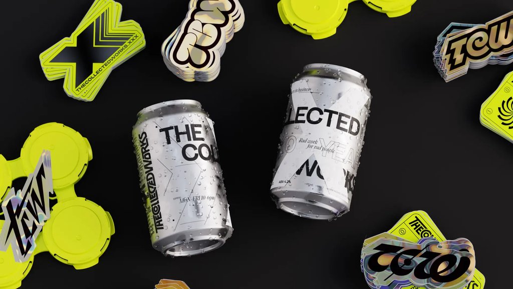 TheDieline's tweet image. The Collected Works' custom tenth-anniversary beer packaging seamlessly fuses its signature aesthetic with celebratory exuberance. The neon plastic beer holders inject a vibrant whimsy, adding a playful touch to the limited-edition release. l8r.it/iP26