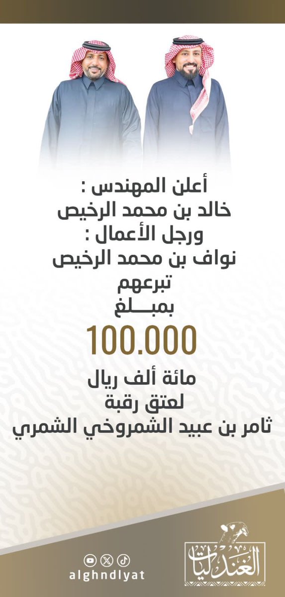 alghndlyat's tweet photo. تبرع المهندس :
خالد بن محمد الرخيص

و رجل الأعمال :
نواف بن محمد الرخيص 

لعتق رقبة : 
ثامر بن عبيد الشمروخي الشمري.

@alkeng_2020 

#الغندليات 

#دية_ثامر_عبيد_الشمروخي https://t.co/iYL6hw4Qr1