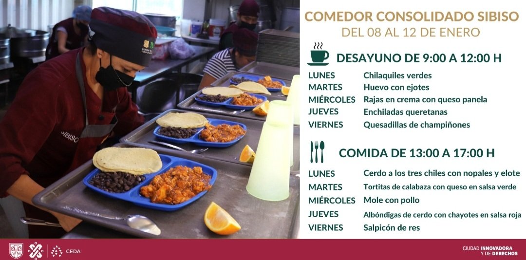 🍽 En el Comedor Consolidado SIBISO, ubicado frente a la nave MN sobre la vialidad de los unos, podrás desayunar y/o comer nutritivamente y a un bajo costo.
Te compartimos el menú de la semana del 08 al 12 de enero.
📍Como llegar: bit.ly/40bGcwR