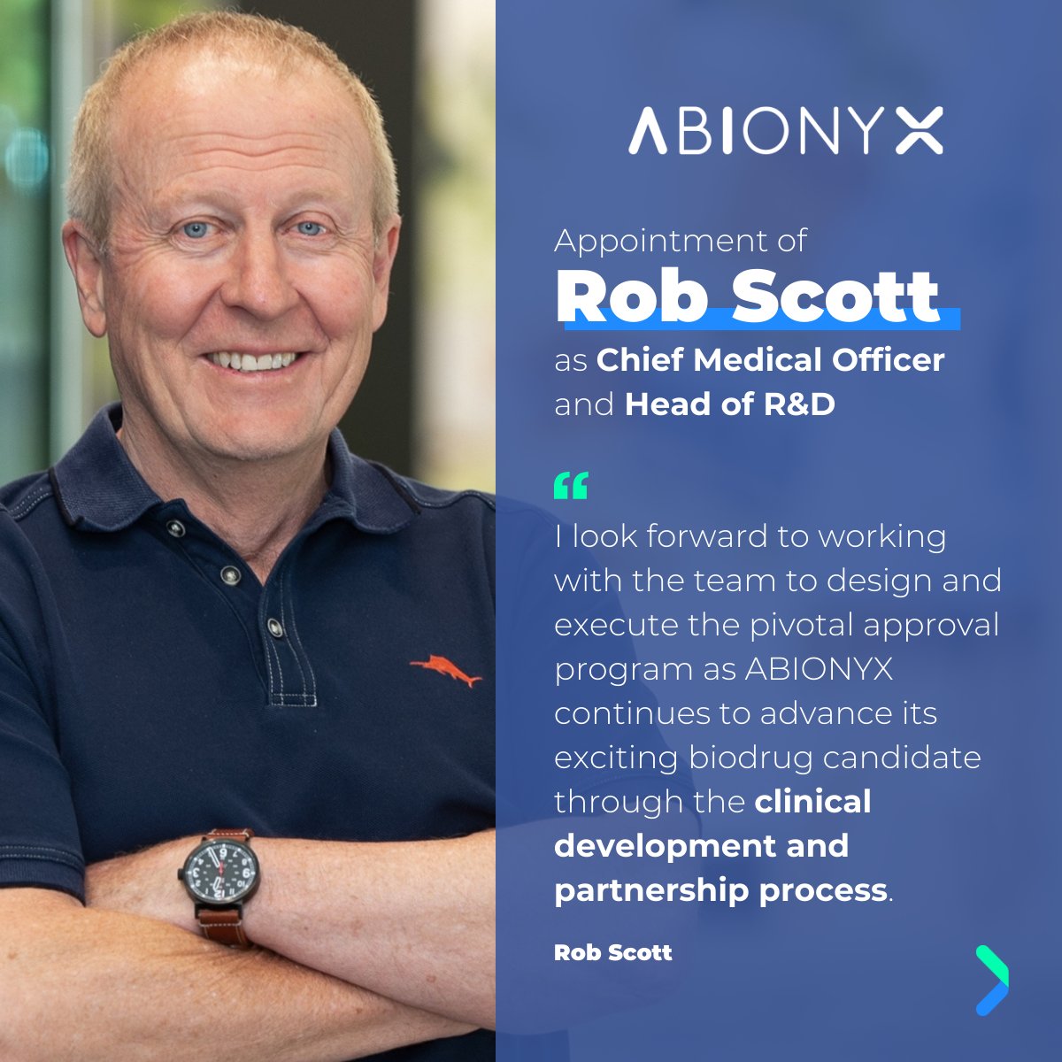 AbionyxPharma's tweet photo. Abionyx is pleased to announce the appointment of Rob Scott MD as Chief Medical Officer and Head of R&D with immediate effect 🤝
Join us at JP Morgan's Healthcare Conference in San Francisco until January 11
👉 https://t.co/u8KKJOpeAW
$ABNX #abionyx #sepsis #RobScott #JPM2024 https://t.co/HaXuVCFkB9