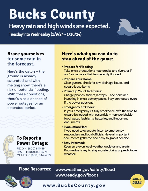 BucksCountyGovt's tweet photo. 🌧️ Brace yourselves for some rain in the forecast. 

The ground is already saturated, and with melting snow, there's a risk of potential flooding. There's also a chance of power outages for an extended period. 

Here's what you can do to stay ahead of the game: ⬇️⬇️⬇️ https://t.co/bTjIZKIPWm