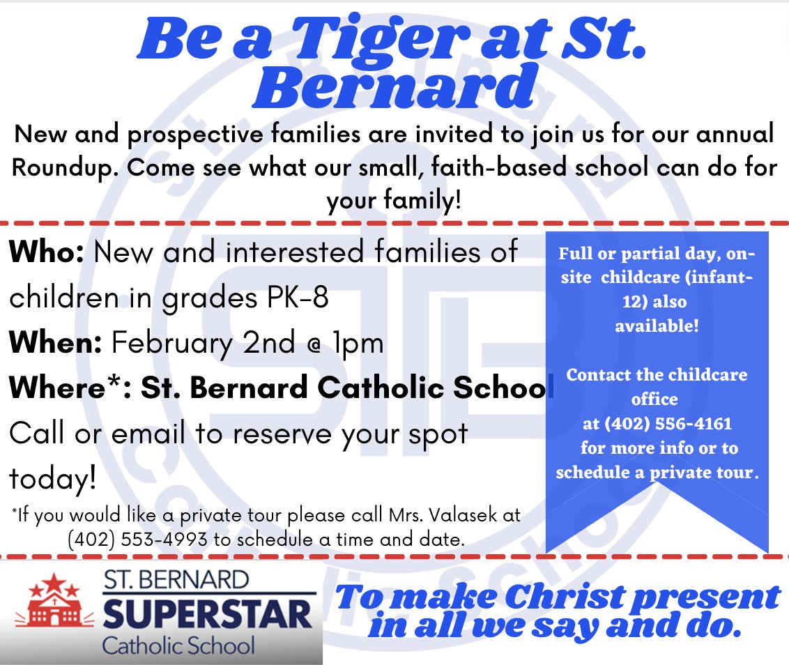 Now enrolling for 2024-2025 school year! 🐯💙 Contact us for a tour and a visit today! See how St. Bernard's Catholic School is a perfect fit for your family!