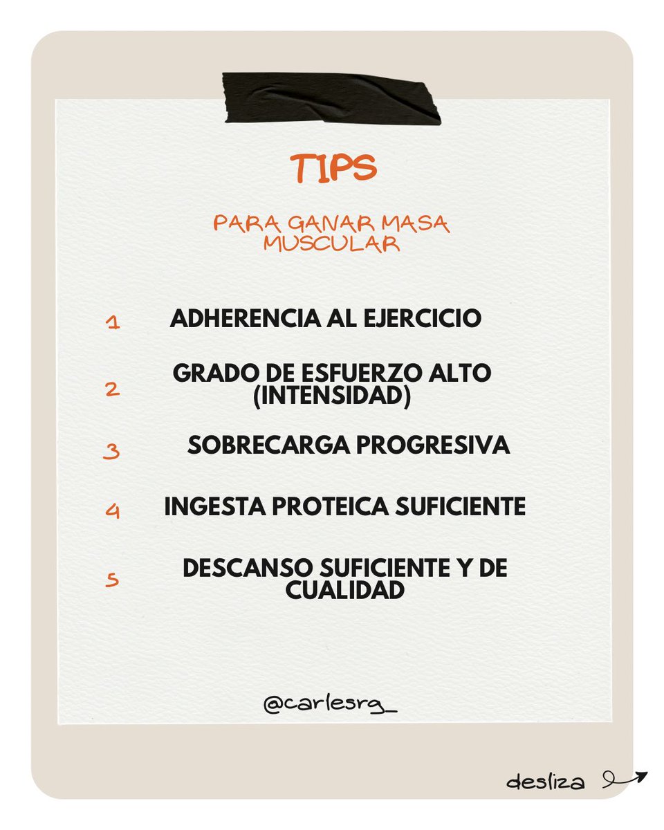 carlesrg_'s tweet photo. 💪🏋🏽‍♀️TIPS PARA GANAR MASA MUSCULAR 🏋🏽‍♀️💪

😊  Adherencia al ejercicio 
📶  Grado de esfuerzo alto 
📈  Sobrecarga progresiva 
🍗  Ingesta proteica alta 
💤  Descanso suficiente y de calidad

⬇️🧵🧵🧵⬇️ https://t.co/raaZjnqNzK