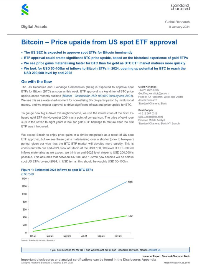 JUST IN‼️ Standard Chartered says $50-$100 BILLION could flow into #Bitcoin ETFs in 2024.