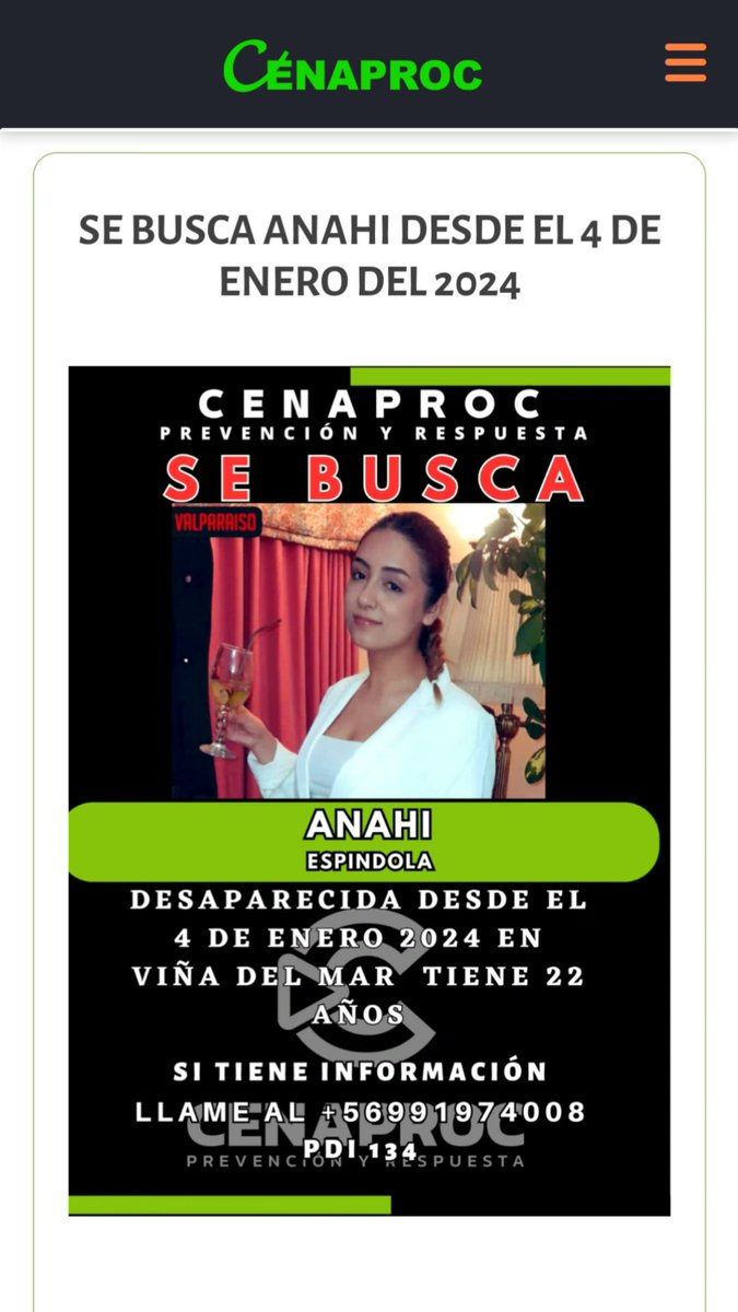 CenaprocCL's tweet photo. #TodosACompartir  Súmate. A esta Búsqueda.  Familiares solicitan su ayuda para que podamos encontrar a la joven “ Anahí ” de tan solo 22 Años que se encuentra desaparecida desde el 4 de Enero, si tienen alguna información que sea real favor informar al siguiente numero que correspondería al tío de la joven.

☎️+56 991974008

Si la han visto, contactarse de inmediato al número indicado, apoyemos a una familia que hoy necesita de nosotros 
#TodosAPrevenir