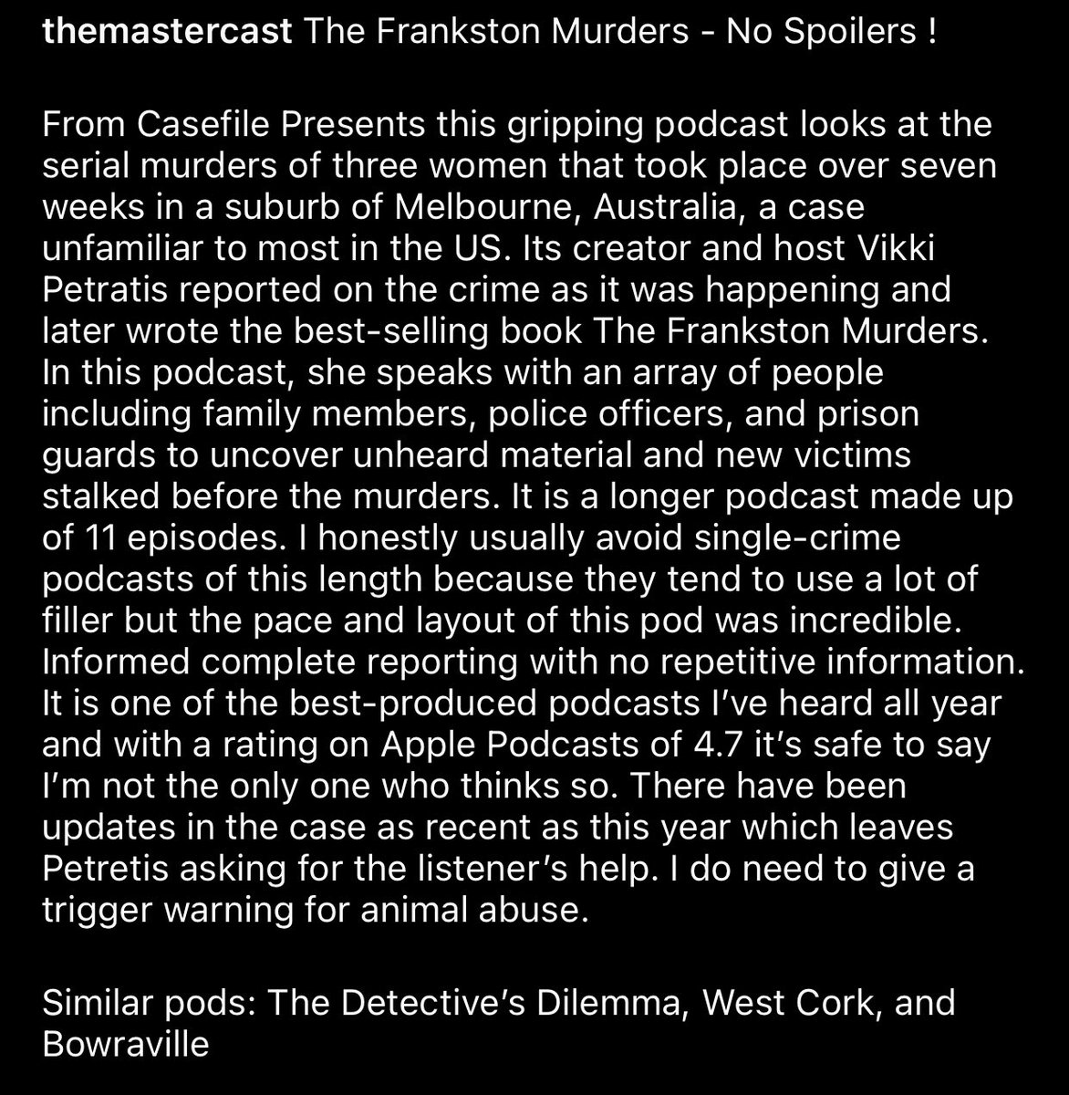 New podcast recommendation! If you’d rather listen to this review, look for The Mastercast wherever you get your podcasts. 

#truecrime #podcast #serialkiller #Australia #murder <a href="/case_file/">Casefile: True Crime Podcast</a>