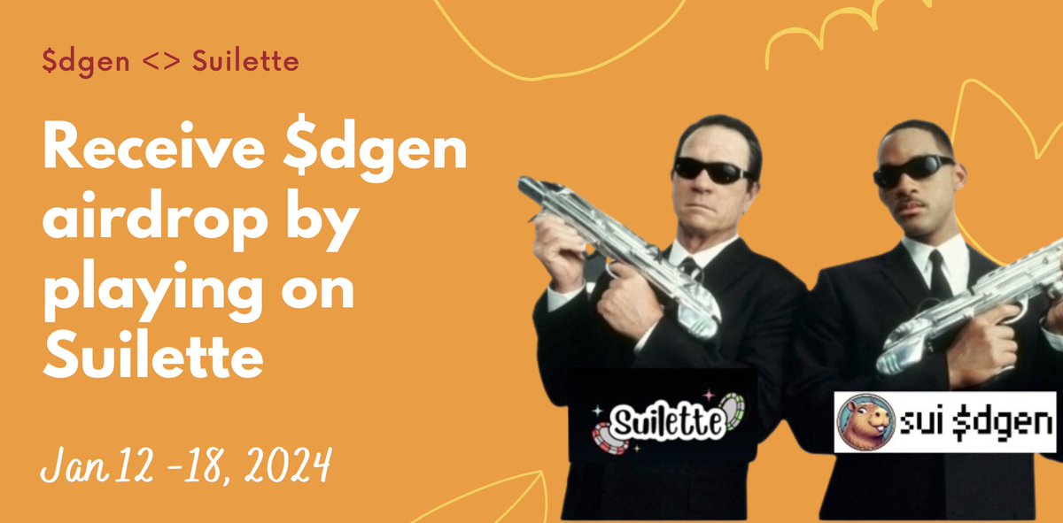SuiRC20's tweet photo. We're teaming up with @suilette, the most degen app on Sui!

From Jan 12 to Jan 18, Suilette will commit a massive 20% of house profits used to scoop up $dgen on https://t.co/zoGZbqAQL4

And hey, Suilette degens! Top 10 players by DAILY volume will get showered in $dgen rewards each day during the event period. It's raining $dgen!

👾 Stay $dgen, Stay Winning! 👾

#sui #suilette #inscription #dgen #suinami