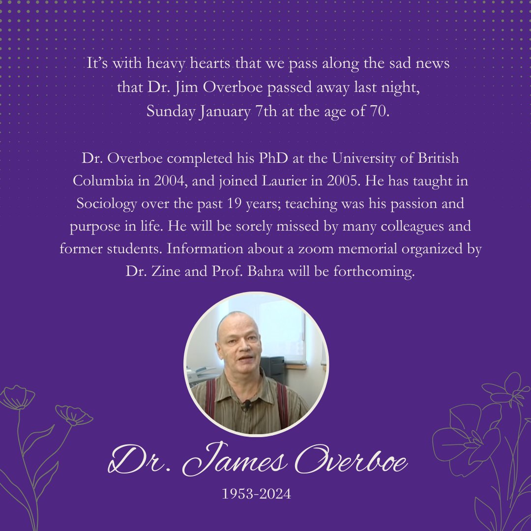 It's with heavy hearts that we pass along the sad news that Dr. Jim Overboe has passed away. He will be sorely missed by many colleagues and former @Laurier students