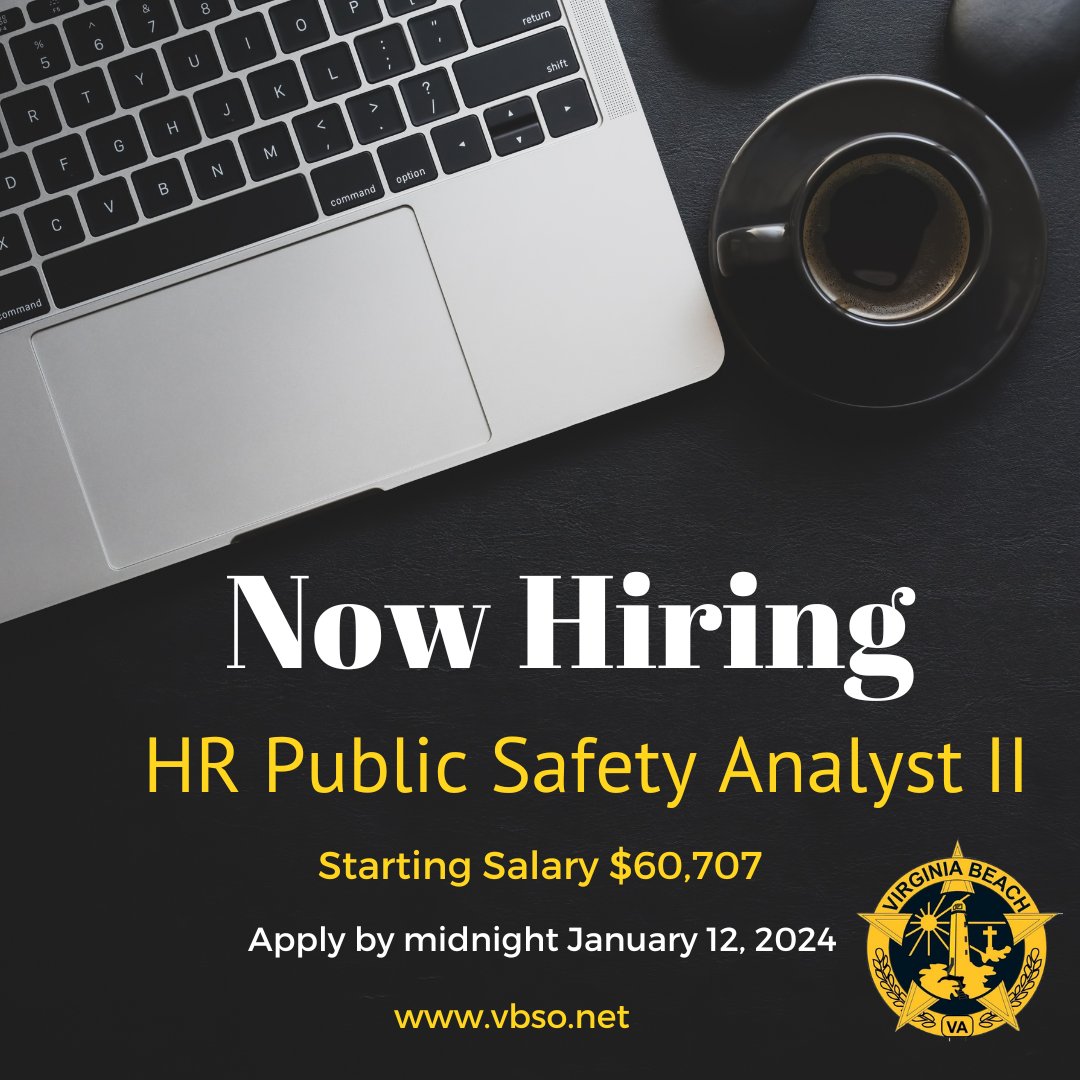VBSO's tweet image. Now hiring an HR Public Safety Analyst II to plan, develop, and evaluate HR-related projects and programs and supervise support staff. Salary starts at $60,707.50. Apply by midnight on January 12, 2024. ow.ly/GlkP50QoSsG
#nowhiring #sheriffsoffice
