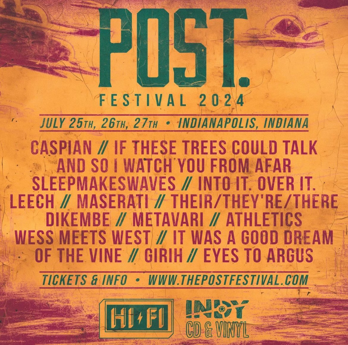 POST. FESTIVAL 2024 presented by <a href="/indycdandvinyl/">Indy CD and Vinyl</a> 
July 25-27 <a href="/thehifiindy/">HI-FI | HI-FI Annex</a> 
TICKETS ON SALE NOW

Proud to announce the first 16 bands! Get your tickets now to guarantee your spot. 3 Day Passes on sale now with limited edition bundles. See you in July! 

wl.seetickets.us/event/post-fes…
