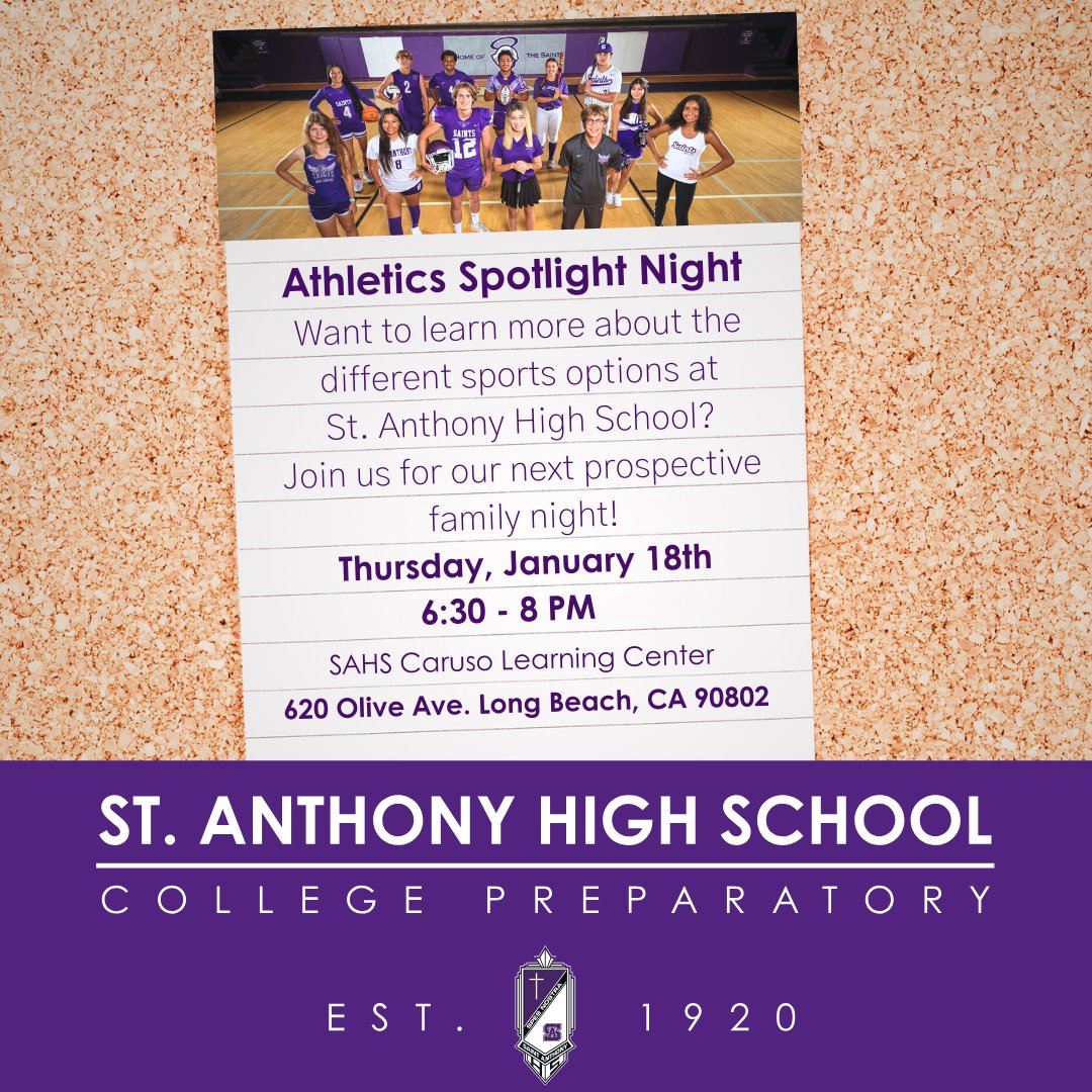 Interested in attending St. Anthony High School? Join us for our next prospective family night on January 18th at 6:30 PM. Learn about the different athletic opportunities our school has to offer and see what sports interest you most!