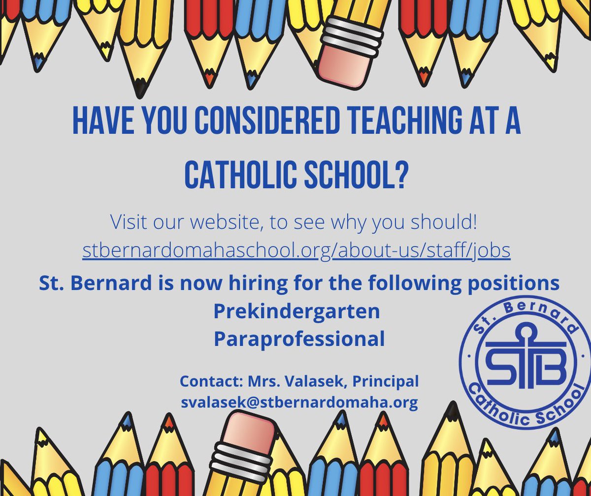 St. Bernard Catholic School community: 
You 💙 our school, enjoy being a 🐯 supporter...
     Now join our team--> We want YOU!
Contact Mrs. Valasek, Principal to explore your options!