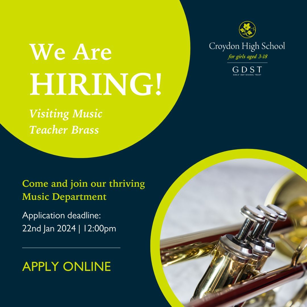 We are looking for an inspirational teacher of Brass instruments to join our thriving Music Department. Find out more about this exciting role here: croydonhigh.gdst.net/vacancies/ #CroydonHighVacancies #Opentowork #Jobsinschool