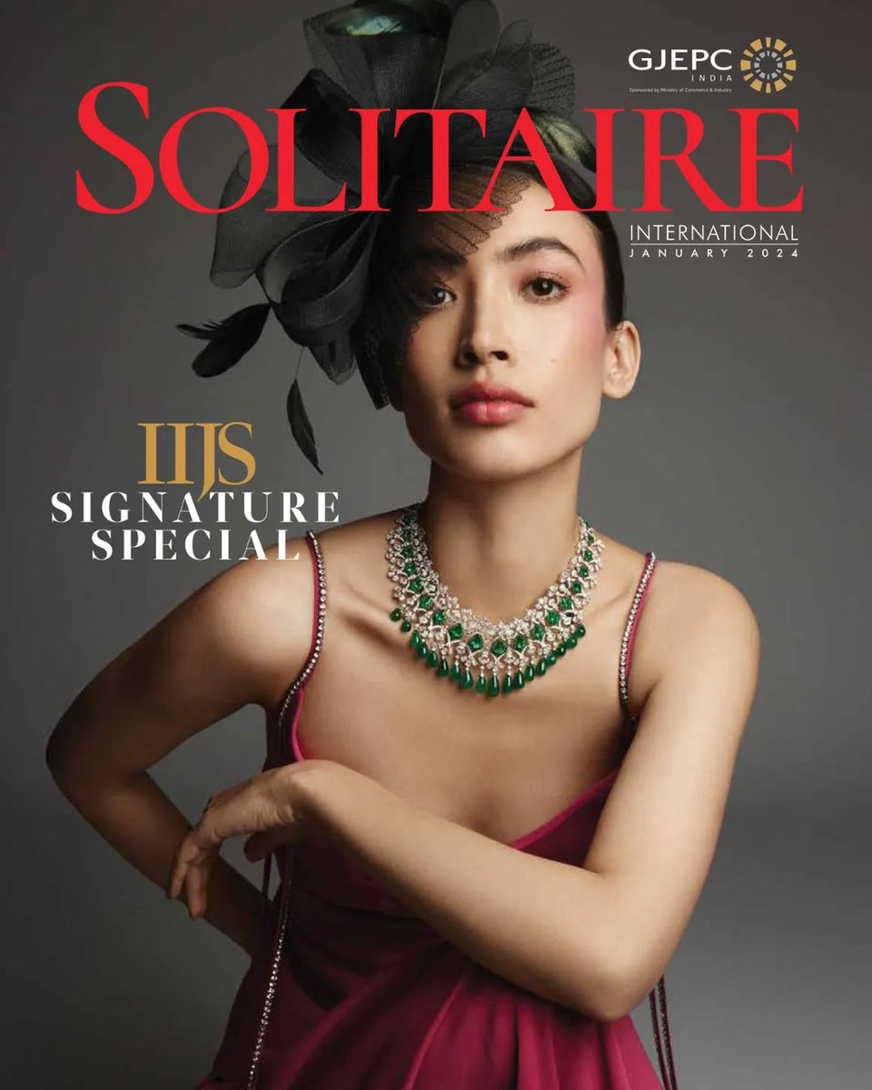 NigaamJewels's tweet photo. We’re thrilled to shine on the cover of @GJEPCIndia's esteemed January issue. Honored to showcase the timeless beauty of Nigaam's Emerald Necklace, a true masterpiece in the world of high-end jewelry. https://t.co/UB0lyXmuEs