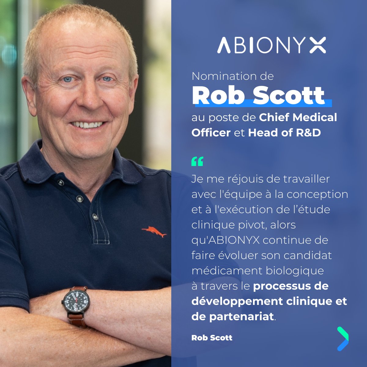 AbionyxPharma's tweet photo. Abionyx a le plaisir d'annoncer la nomination du Dr Rob Scott comme Chief Medical Officer et Head of R&D à effet immédiat 🤝
Rejoignez-nous à la Healthcare Conference de JP Morgan jusqu'au 11/01, à San Francisco
👉 https://t.co/GzeqNpoKvC
$ABNX #abionyx #RobScott #JPM2024 https://t.co/IHNCyX8C0s