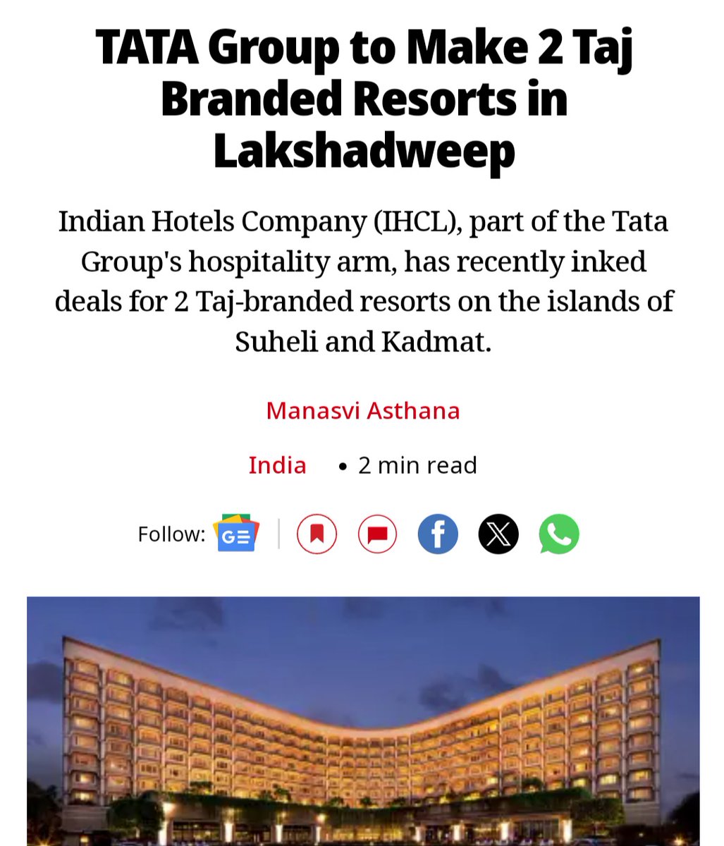 Tata is working on 2 Taj hotels in #Lakshadweep, many other groups are also planning to establish their hotels..

PM Modi literally changed the fate of this island by just one visit...