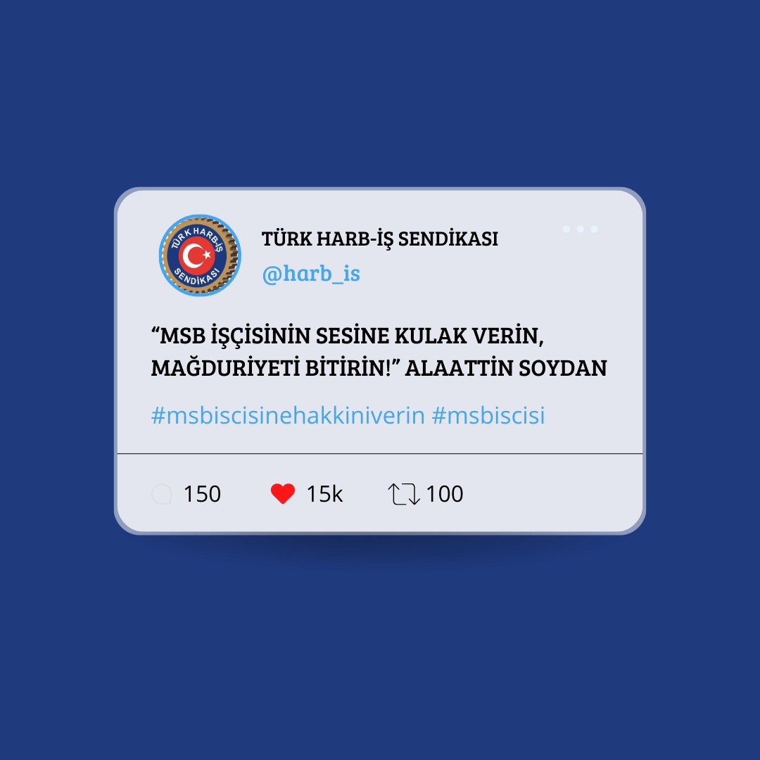 harb_is's tweet photo. Genel Başkanımız @soydan_alaattin; “MSB işçisinin sesine kulak verin, mağduriyeti bitirin!”
#msbiscisinehakkiniverin
@RTErdogan
@tcbestepe
@tcsavunma
@csgbakanligi https://t.co/UqCdH7w5cd