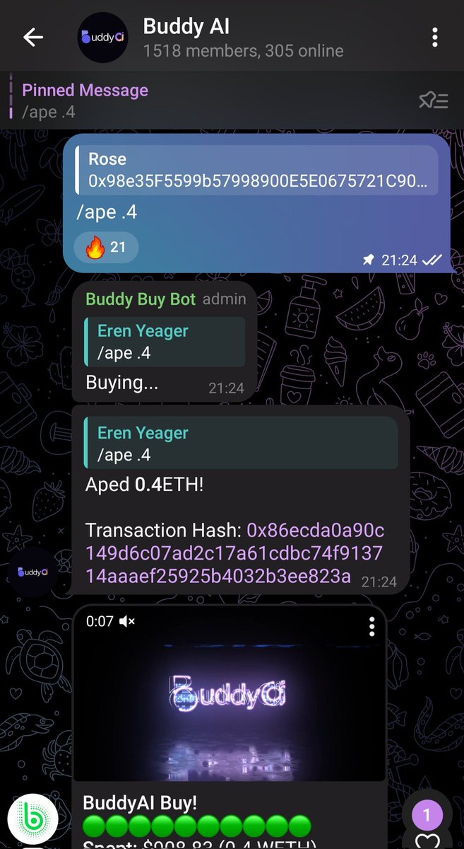 BuddyAIERC's tweet photo. Good evening, everyone! We're excited to introduce a new feature to our lineup – the Buddy Buy Bot.

What sets the Buddy Buy Bot apart?

This innovative bot allows you to purchase tokens seamlessly in groups. Simply respond to a contract address with /ape followed by the amount. https://t.co/hqCmIRbzPf