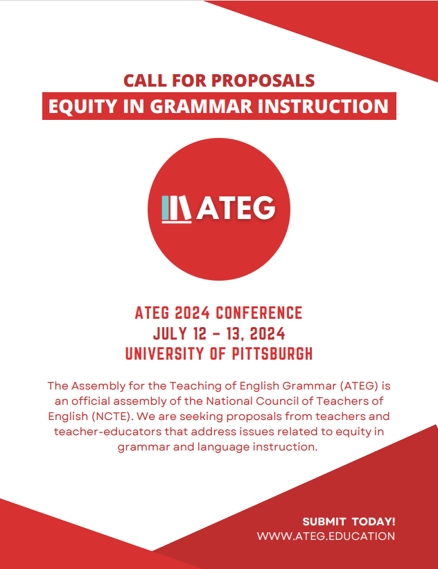 We are pleased to announce our call for proposals for ATEG 2024: Equity in Grammar Instruction! Our conference this year will take place July 12 – 13, at the University of Pittsburgh. Learn more here: sites.google.com/ateg.education… <a href="/ncte/">National Council of Teachers of English (NCTE)</a>  <a href="/PCTELANews/">PCTELA</a> <a href="/WPCTEtweets/">WPCTE</a> <a href="/PittEducation/">Pitt School of Education</a>