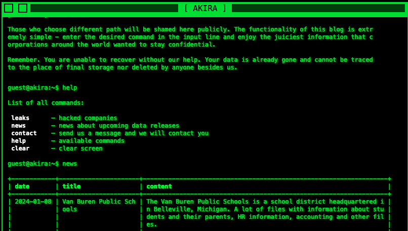 BrettCallow's tweet photo. #Akira has listed Van Buren Public Schools. #vbps #ransomware 1/2 https://t.co/qkXT8vhvdv